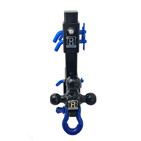 The Commander - Patriot Hitches 2" Adjustable Drop Hitch Adapter - 11" Rise/Drop - 10K w/ 4-Way 3-Ball Mount - Blue Accent (Black Gloss)