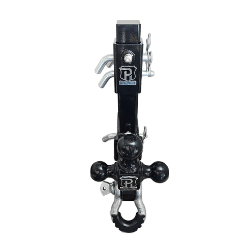 The Commander - Patriot Hitches 2" Adjustable Drop Hitch Adapter - 11" Rise/Drop - 10K w/ 4-Way 3-Ball Mount - Silver Accent (Black Gloss)