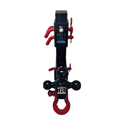 The Commander - Patriot Hitches 2" Adjustable Drop Hitch Adapter - 11" Rise/Drop - 10K w/ 4-Way 3-Ball Mount - Red Accent (Black Gloss)