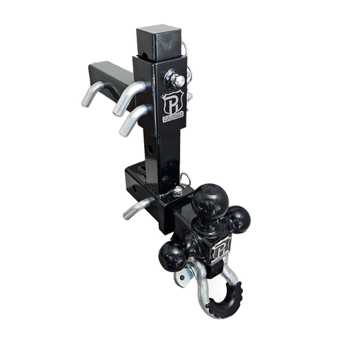 The Commander - Patriot Hitches 2" Adjustable Drop Hitch Adapter - 11" Rise/Drop - 10K w/ 4-Way 3-Ball Mount - Silver Accent (Black Gloss)