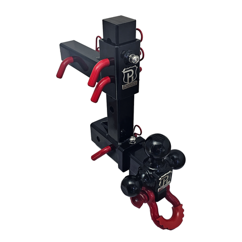 The Commander - Patriot Hitches 2" Adjustable Drop Hitch Adapter - 11" Rise/Drop - 10K w/ 4-Way 3-Ball Mount - Red Accent (Black Gloss)