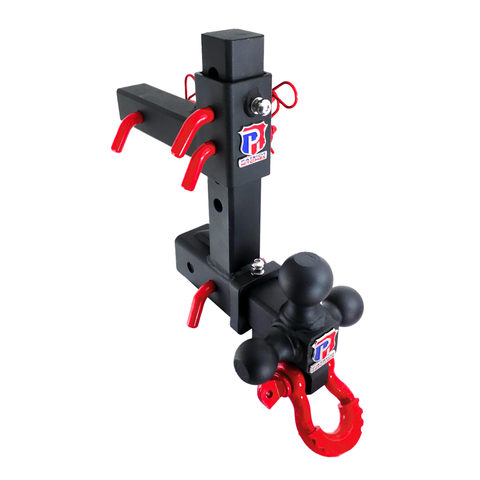 The Commander - Patriot Hitches 2" Adjustable Drop Hitch Adapter - 11" Rise/Drop - 10K w/ 4-Way 3-Ball Mount - Red Accent