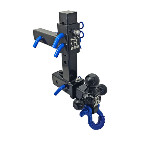 The Commander - Patriot Hitches 2" Adjustable Drop Hitch Adapter - 11" Rise/Drop - 10K w/ 4-Way 3-Ball Mount - Blue Accent (Black Gloss)