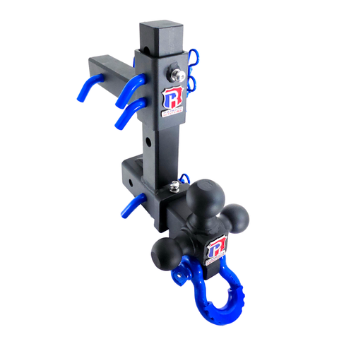 The Commander - Patriot Hitches 2" Adjustable Drop Hitch Adapter - 11" Rise/Drop - 10K w/ 4-Way 3-Ball Mount - Blue Accent