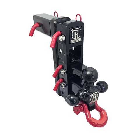 The Patriot - Patriot Hitches 8-Way 3-Ball Mount w/ Adjustable Stacked Receivers – 2-1/2" Hitch – 25K – Red Accent (Black Gloss)