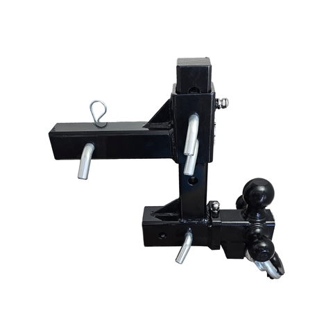 The Commander - Patriot Hitches 2" Adjustable Drop Hitch Adapter - 11" Rise/Drop - 10K w/ 4-Way 3-Ball Mount - Silver Accent (Black Gloss)