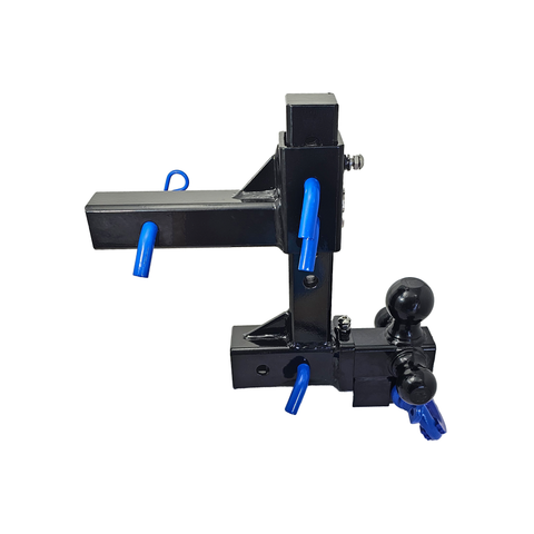 The Commander - Patriot Hitches 2" Adjustable Drop Hitch Adapter - 11" Rise/Drop - 10K w/ 4-Way 3-Ball Mount - Blue Accent (Black Gloss)