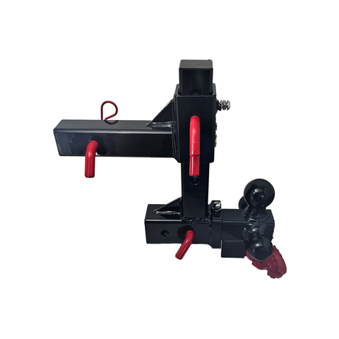 The Commander - Patriot Hitches 2" Adjustable Drop Hitch Adapter - 11" Rise/Drop - 10K w/ 4-Way 3-Ball Mount - Red Accent (Black Gloss)