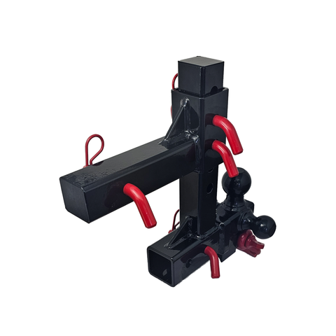 The Commander - Patriot Hitches 2" Adjustable Drop Hitch Adapter - 11" Rise/Drop - 10K w/ 4-Way 3-Ball Mount - Red Accent (Black Gloss)