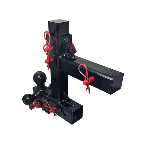 The Commander - Patriot Hitches 2" Adjustable Drop Hitch Adapter - 11" Rise/Drop - 10K w/ 4-Way 3-Ball Mount - Red Accent (Black Gloss)
