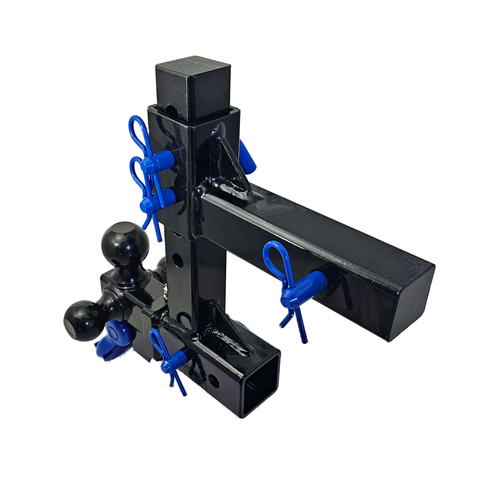 The Commander - Patriot Hitches 2" Adjustable Drop Hitch Adapter - 11" Rise/Drop - 10K w/ 4-Way 3-Ball Mount - Blue Accent (Black Gloss)