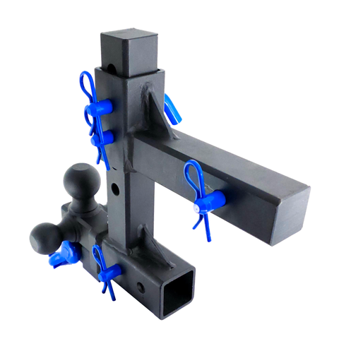 The Commander - Patriot Hitches 2" Adjustable Drop Hitch Adapter - 11" Rise/Drop - 10K w/ 4-Way 3-Ball Mount - Blue Accent
