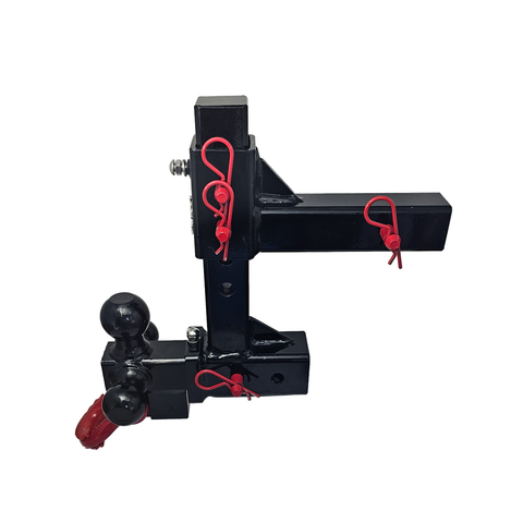 The Commander - Patriot Hitches 2" Adjustable Drop Hitch Adapter - 11" Rise/Drop - 10K w/ 4-Way 3-Ball Mount - Red Accent (Black Gloss)