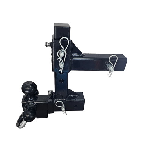 The Commander - Patriot Hitches 2" Adjustable Drop Hitch Adapter - 11" Rise/Drop - 10K w/ 4-Way 3-Ball Mount - Silver Accent (Black Gloss)