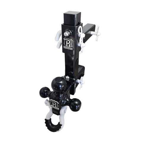 The Commander - Patriot Hitches 2" Adjustable Drop Hitch Adapter - 11" Rise/Drop - 10K w/ 4-Way 3-Ball Mount - White Accent (Black Gloss)