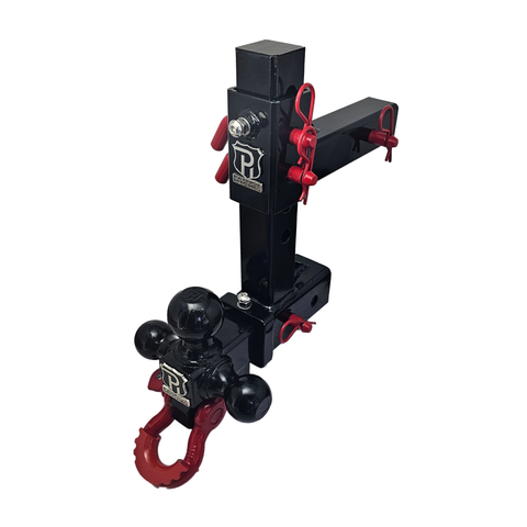 The Commander - Patriot Hitches 2" Adjustable Drop Hitch Adapter - 11" Rise/Drop - 10K w/ 4-Way 3-Ball Mount - Red Accent (Black Gloss)