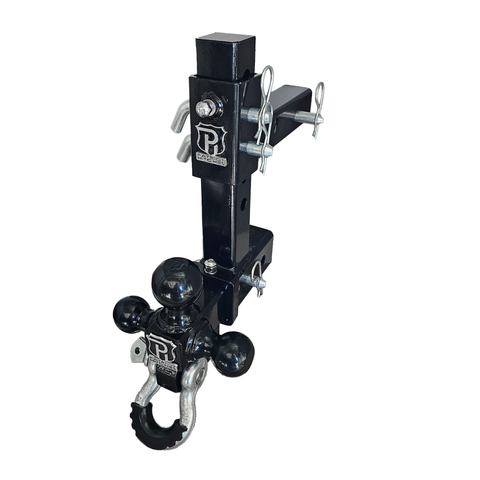 The Commander - Patriot Hitches 2" Adjustable Drop Hitch Adapter - 11" Rise/Drop - 10K w/ 4-Way 3-Ball Mount - Silver Accent (Black Gloss)