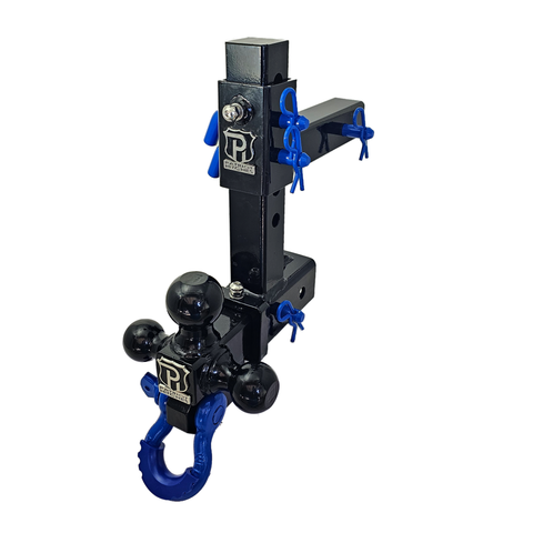 The Commander - Patriot Hitches 2" Adjustable Drop Hitch Adapter - 11" Rise/Drop - 10K w/ 4-Way 3-Ball Mount - Blue Accent (Black Gloss)