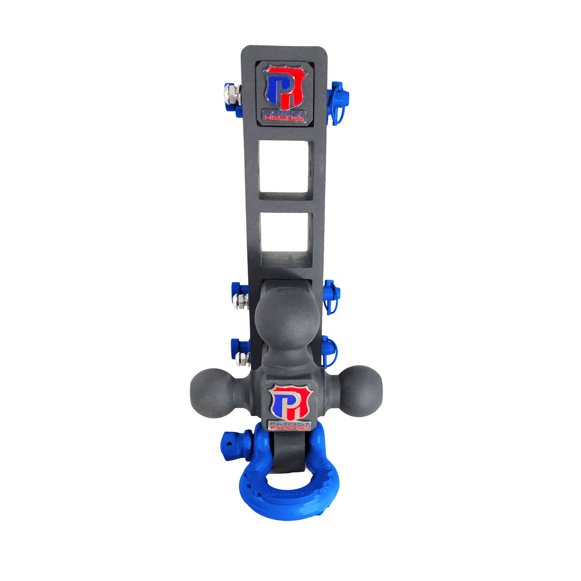 The Patriot - 10-Way+ 3-Ball Mount w/ Adjustable Stacked Receivers – 2-1/2" Hitch – 30K – Blue Accent