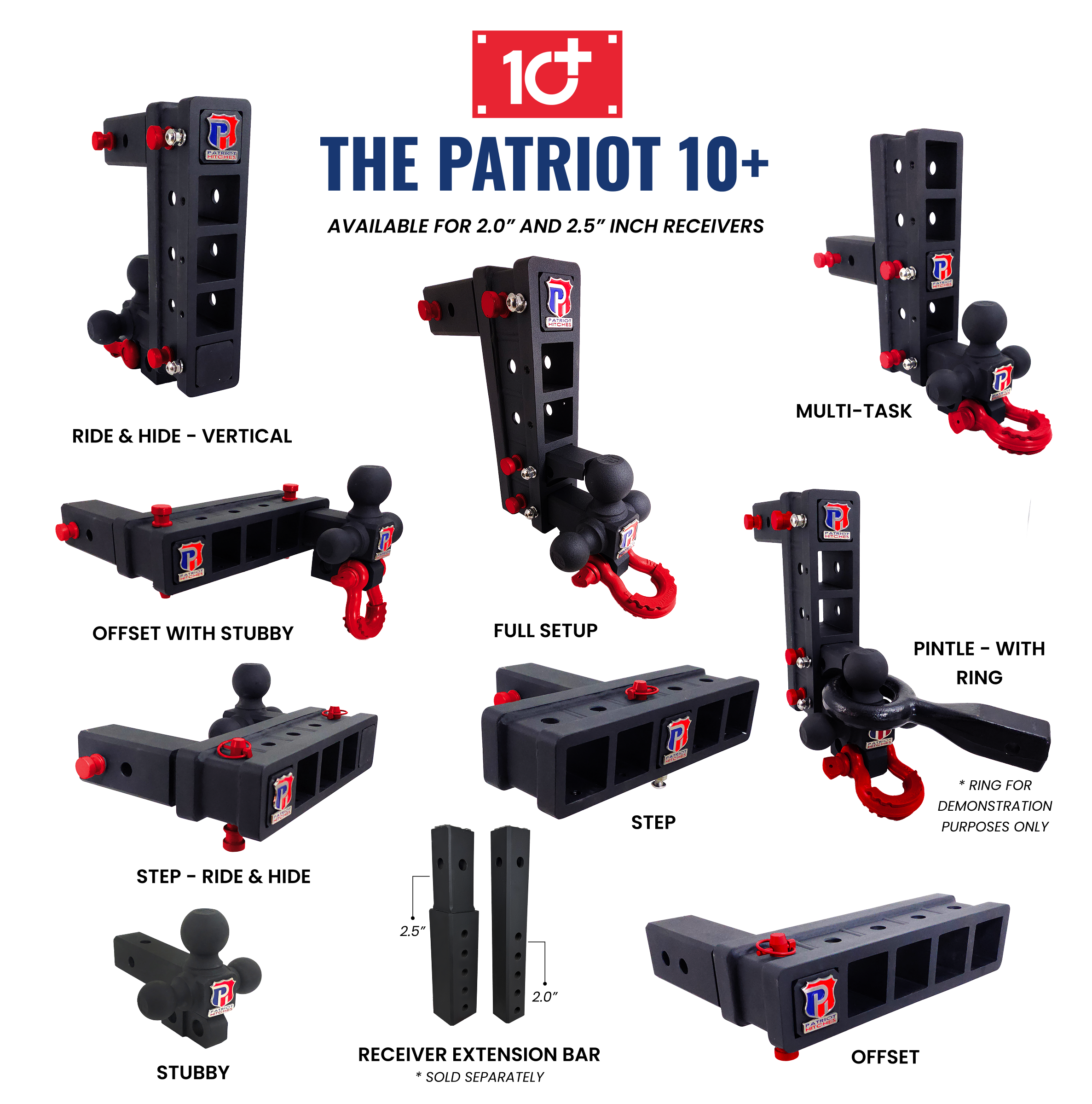 The Patriot - 10-Way+ 3-Ball Mount w/ Adjustable Stacked Receivers - 2" Hitch – 25K – Red Accent
