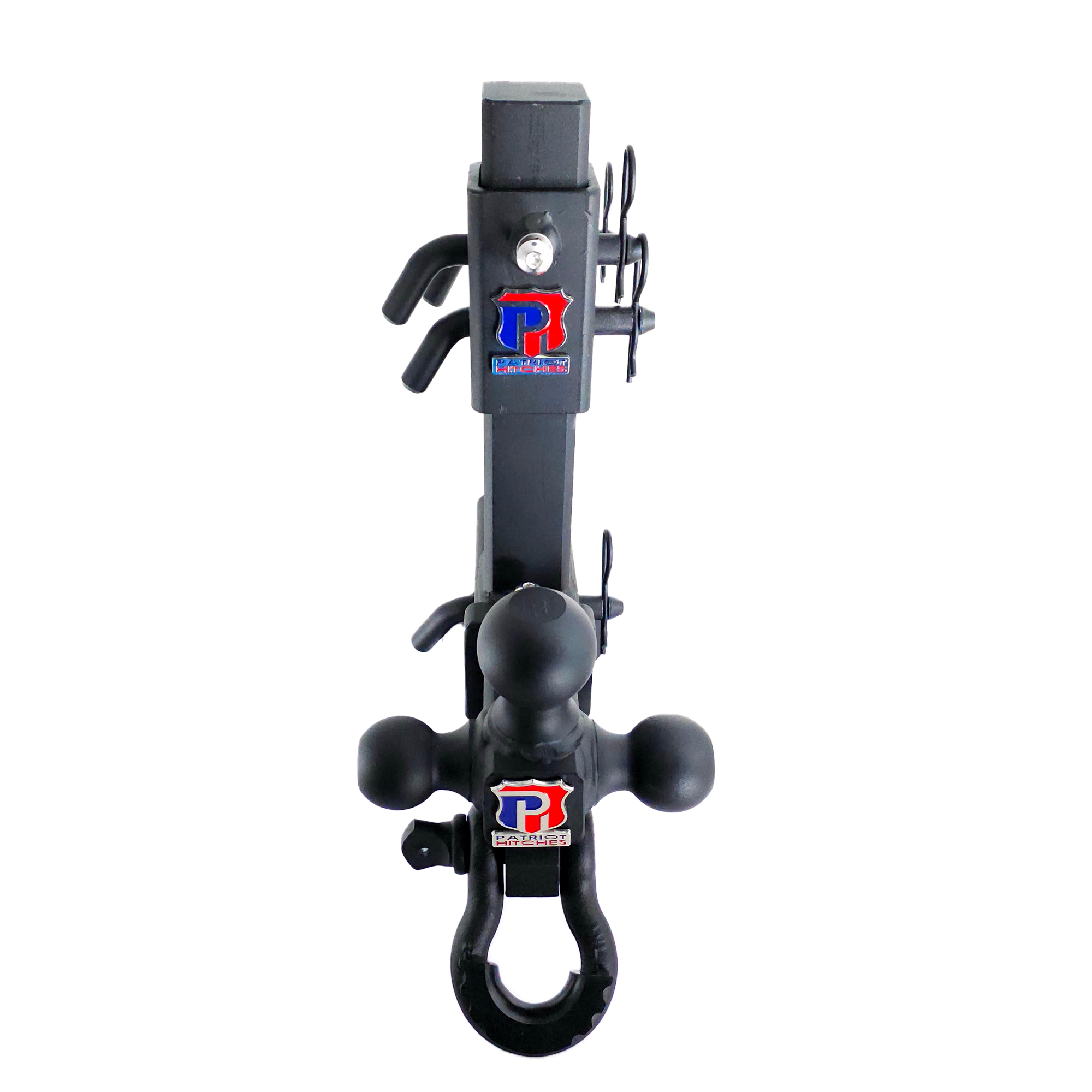 The Commander - Patriot Hitches 2" Adjustable Drop Hitch Adapter - 11" Rise/Drop - 10K w/ 4-Way 3-Ball Mount - Black Texture Accent