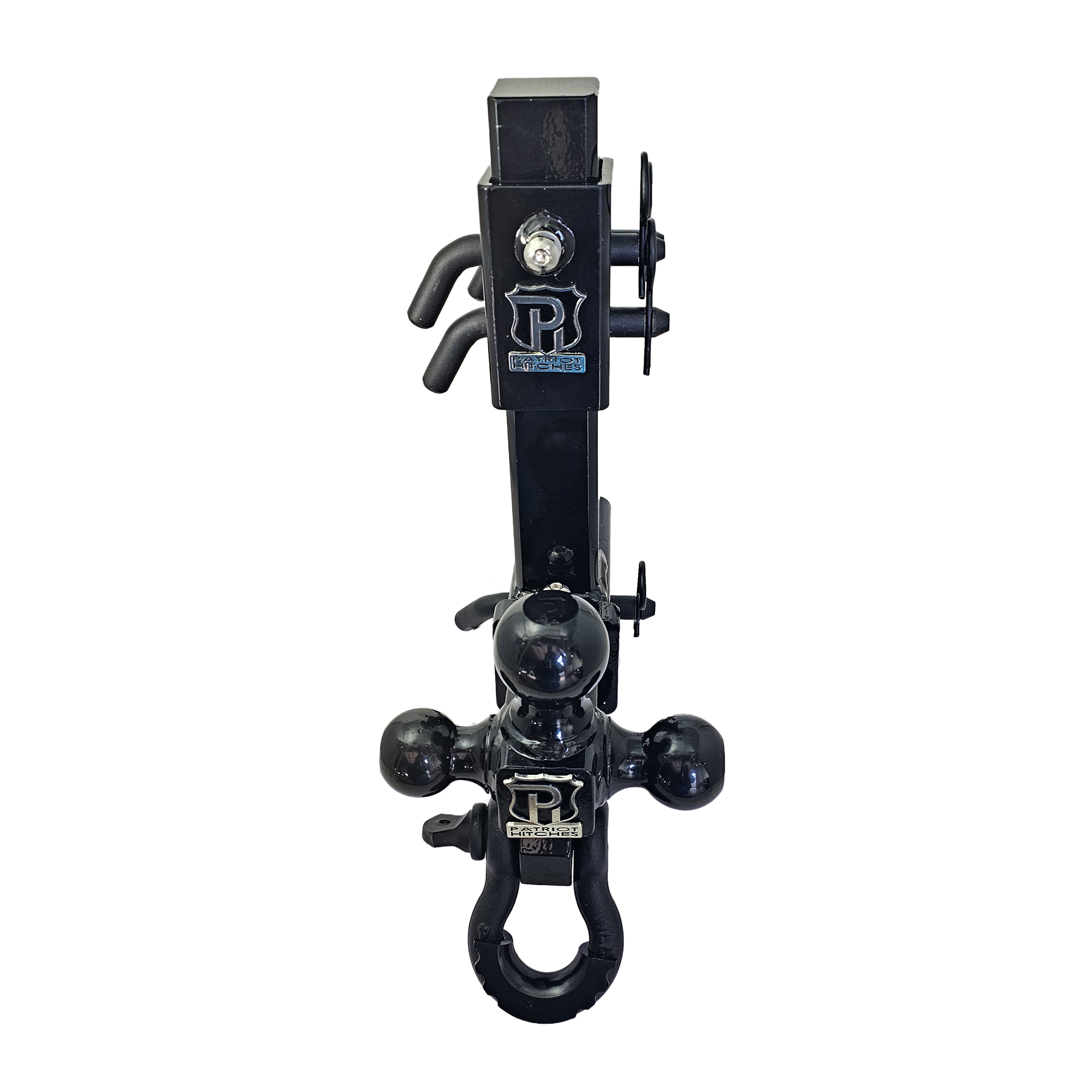 The Commander - Patriot Hitches 2" Adjustable Drop Hitch Adapter - 11" Rise/Drop - 10K w/ 4-Way 3-Ball Mount - Black Texture Accent (Black Gloss)
