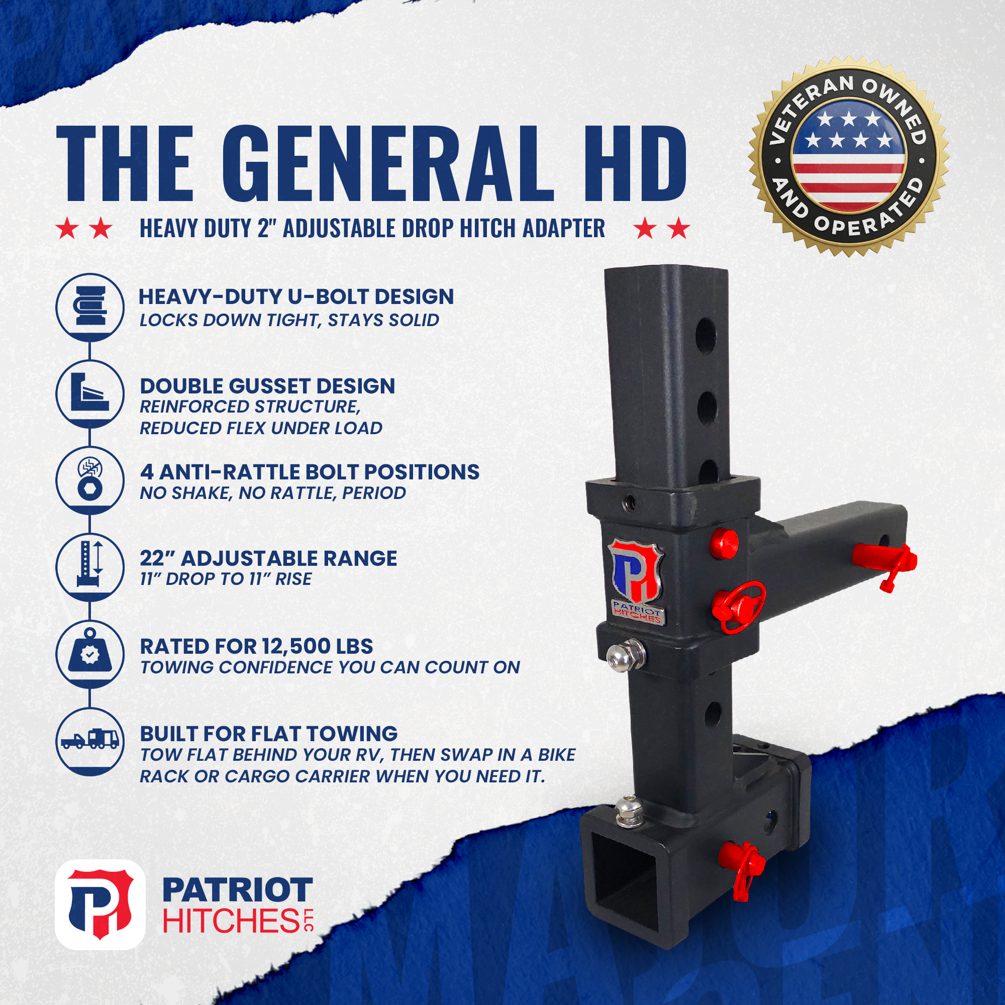 The General Heavy Duty - 2" Adjustable Drop Hitch Adapter - 11" Rise/Drop - 12.5K - Red Accent