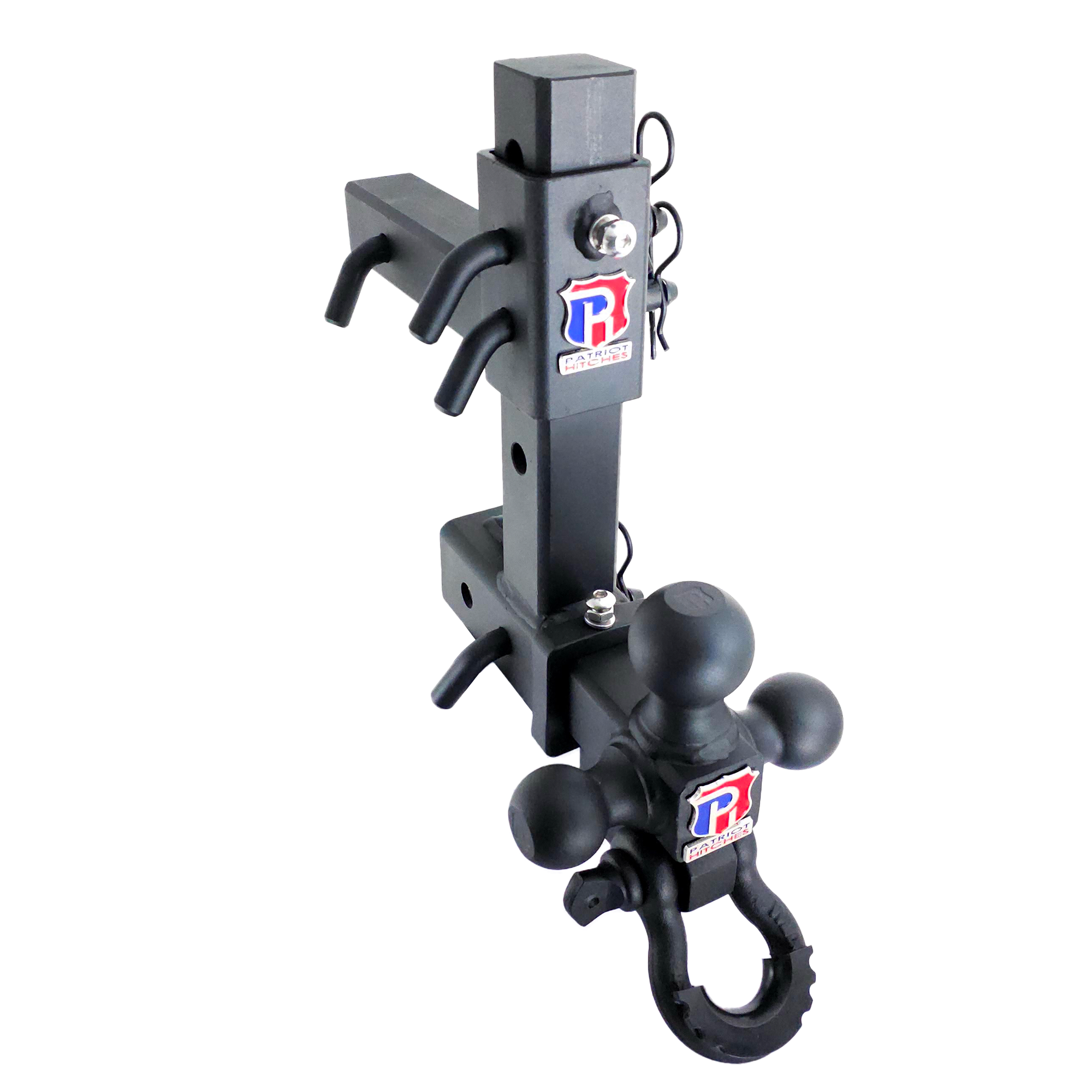 The Commander - Patriot Hitches 2" Adjustable Drop Hitch Adapter - 11" Rise/Drop - 10K w/ 4-Way 3-Ball Mount - Black Texture Accent