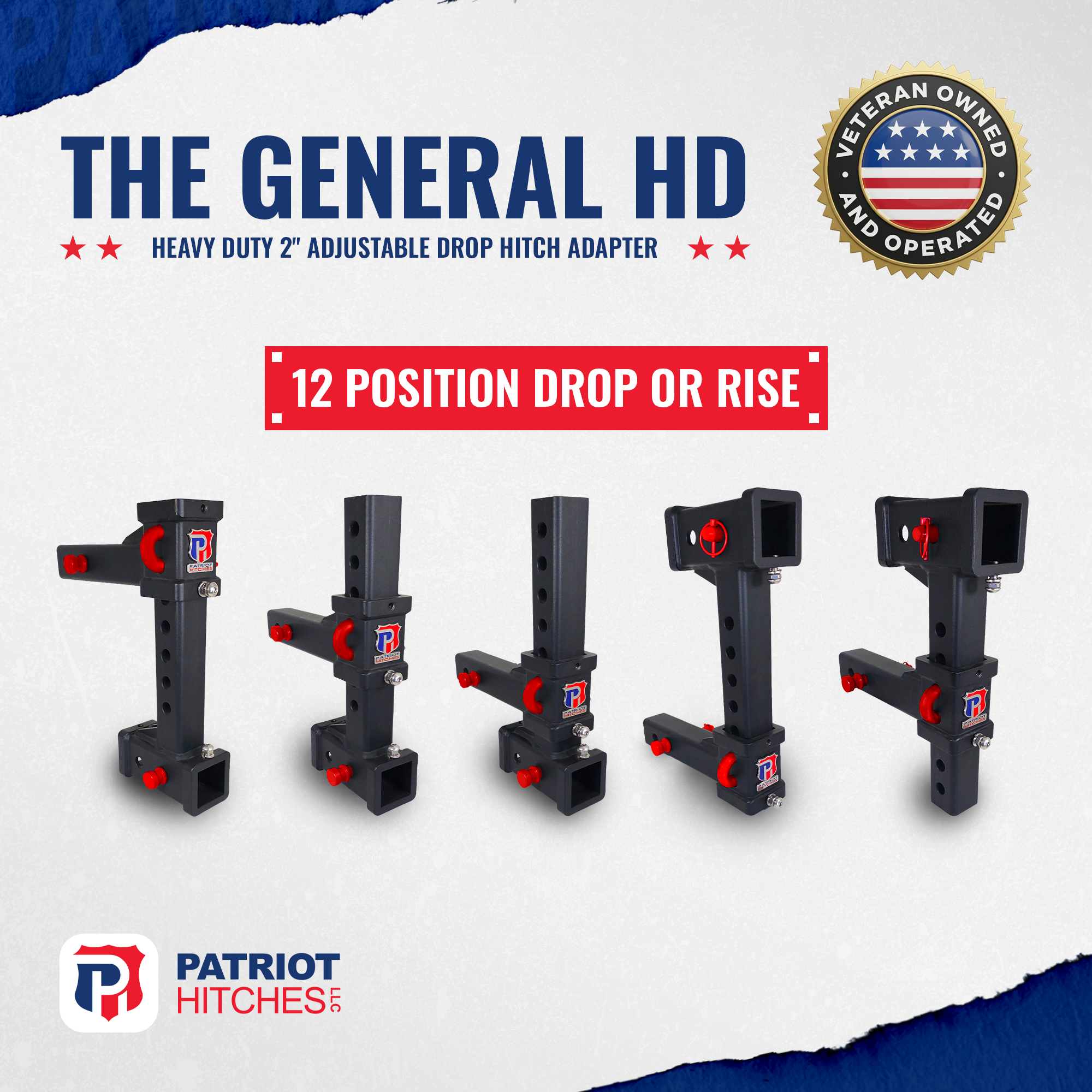 The General Heavy Duty - 2" Adjustable Drop Hitch Adapter - 11" Rise/Drop - 12.5K - Red Accent