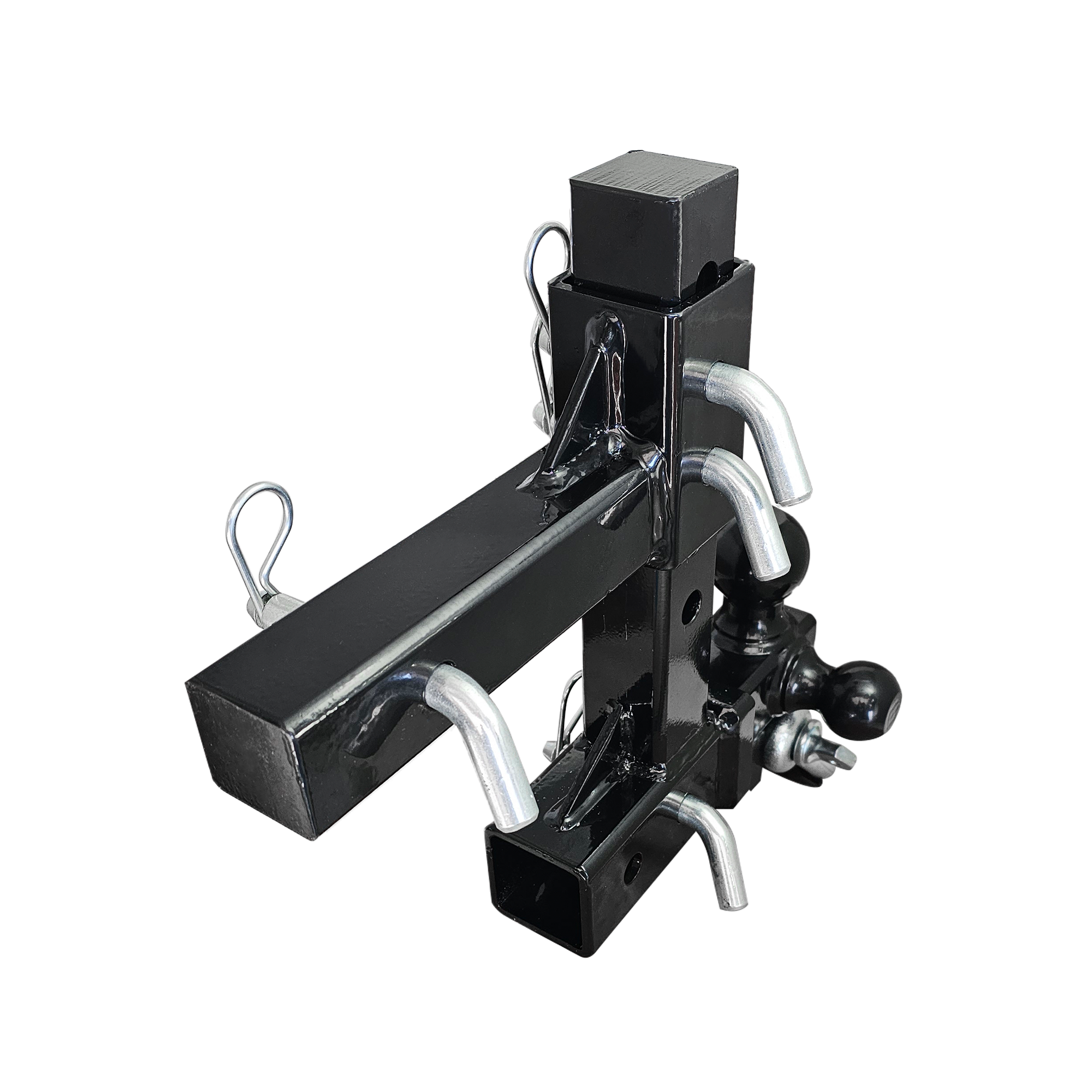 The Commander - Patriot Hitches 2" Adjustable Drop Hitch Adapter - 11" Rise/Drop - 10K w/ 4-Way 3-Ball Mount - Silver Accent (Black Gloss)