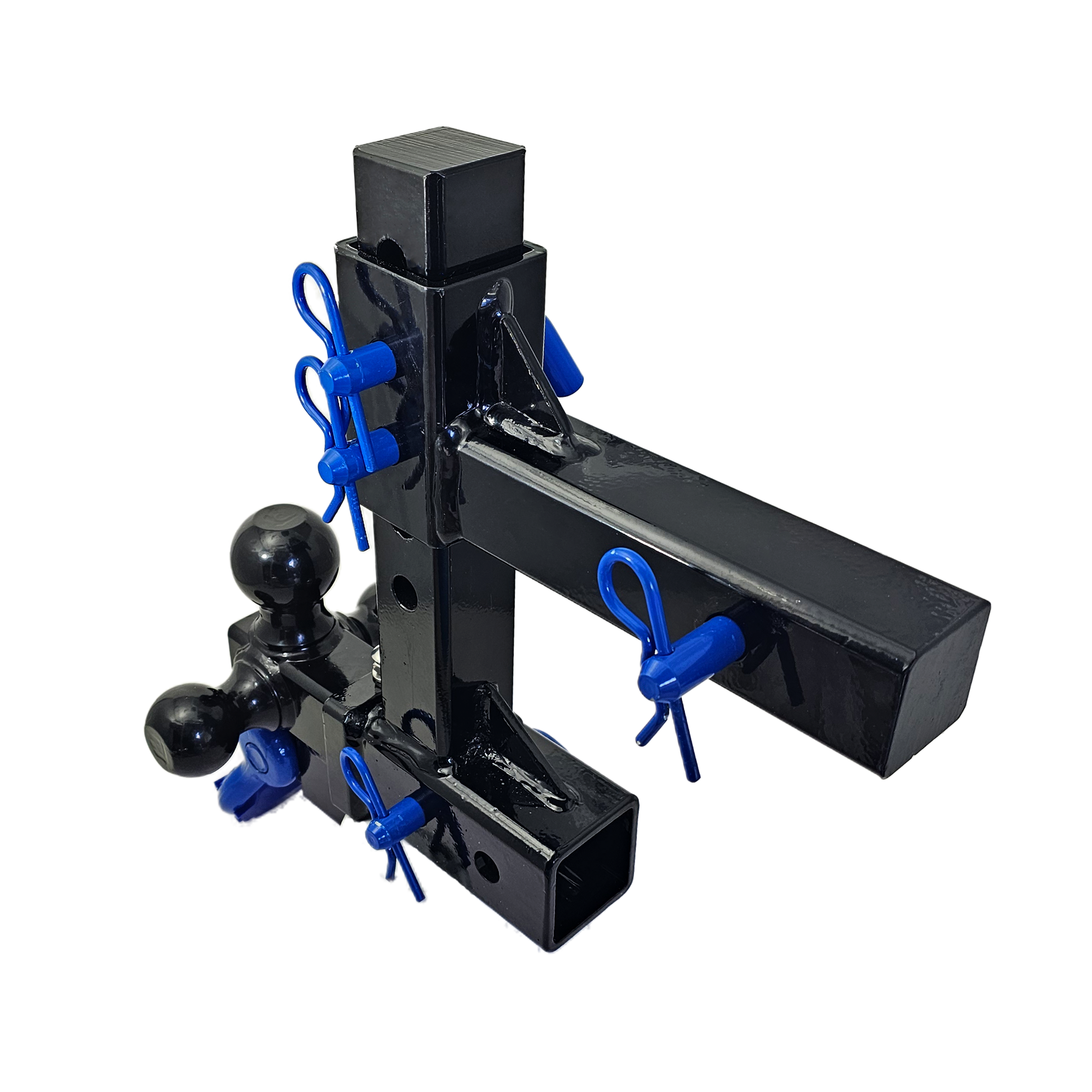 The Commander - Patriot Hitches 2" Adjustable Drop Hitch Adapter - 11" Rise/Drop - 10K w/ 4-Way 3-Ball Mount - Blue Accent (Black Gloss)