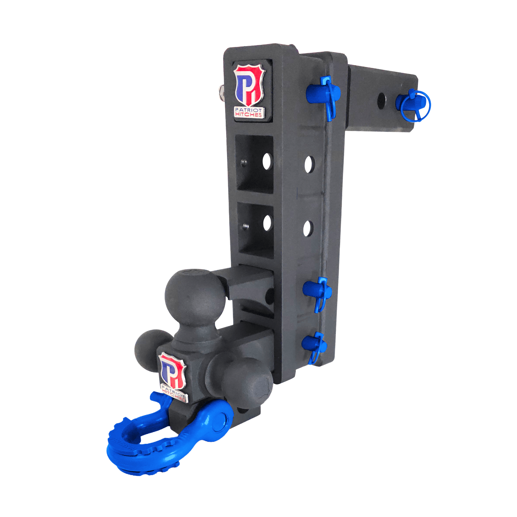 The Patriot - 10-Way+ 3-Ball Mount w/ Adjustable Stacked Receivers – 2-1/2" Hitch – 30K – Blue Accent