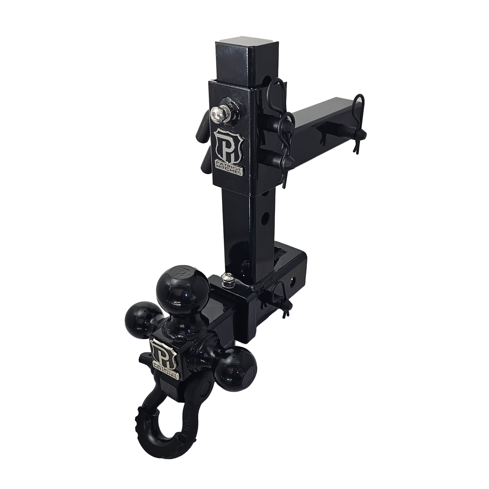 The Commander - Patriot Hitches 2" Adjustable Drop Hitch Adapter - 11" Rise/Drop - 10K w/ 4-Way 3-Ball Mount - Black Texture Accent (Black Gloss)