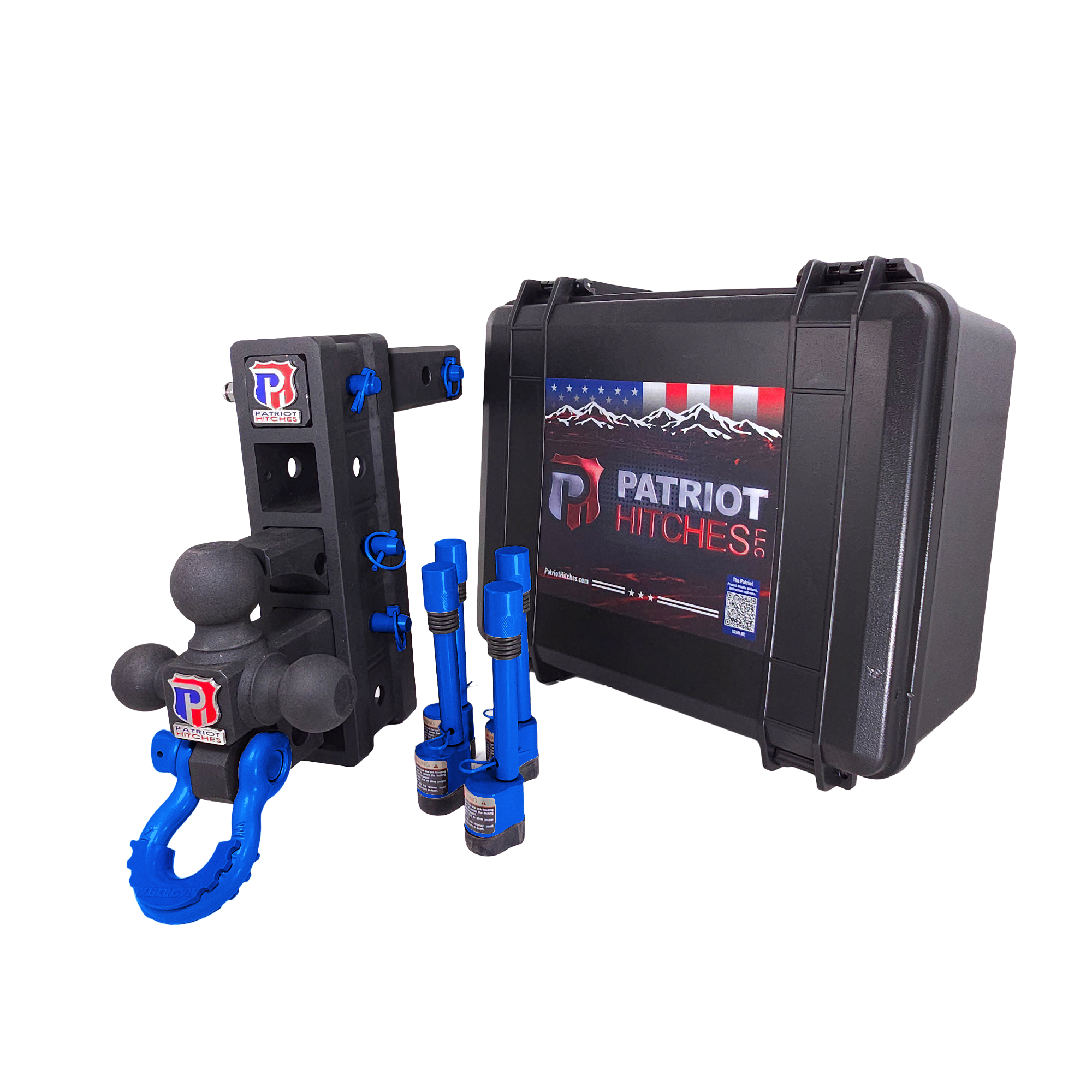 The Patriot - 10-Way+ 3-Ball Mount w/ Adjustable Stacked Receivers - 2" Hitch – 30K – Blue Accent