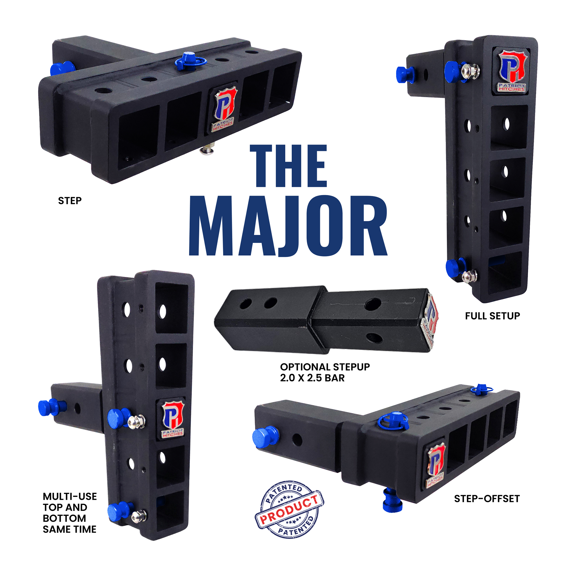 The Major - Patriot Hitches 4-Way 3-Ball Mount for 2-1/2" Hitches - The Major - 30K - Blue Accent