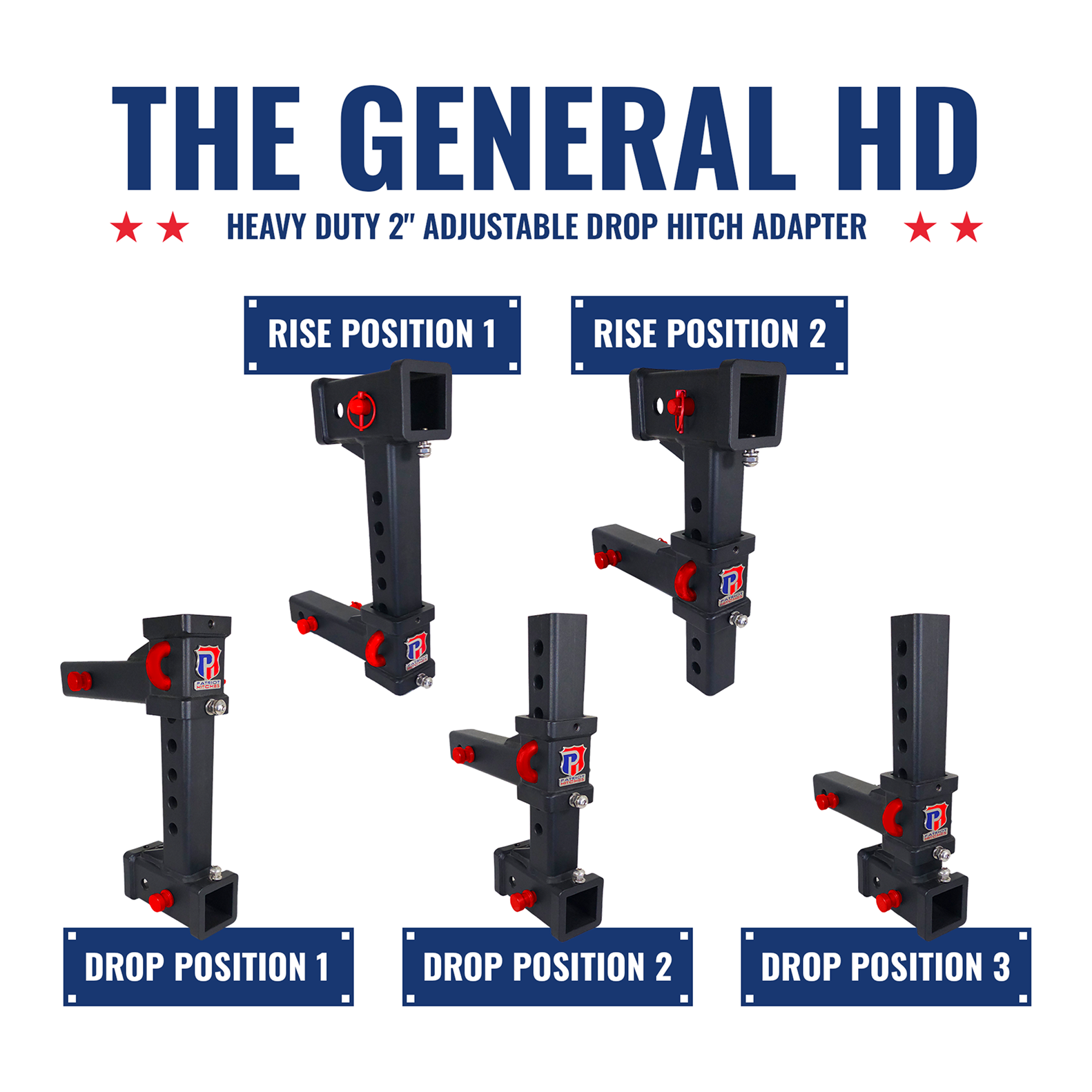 The General Heavy Duty - 2" Adjustable Drop Hitch Adapter - 11" Rise/Drop - 12.5K - Red Accent