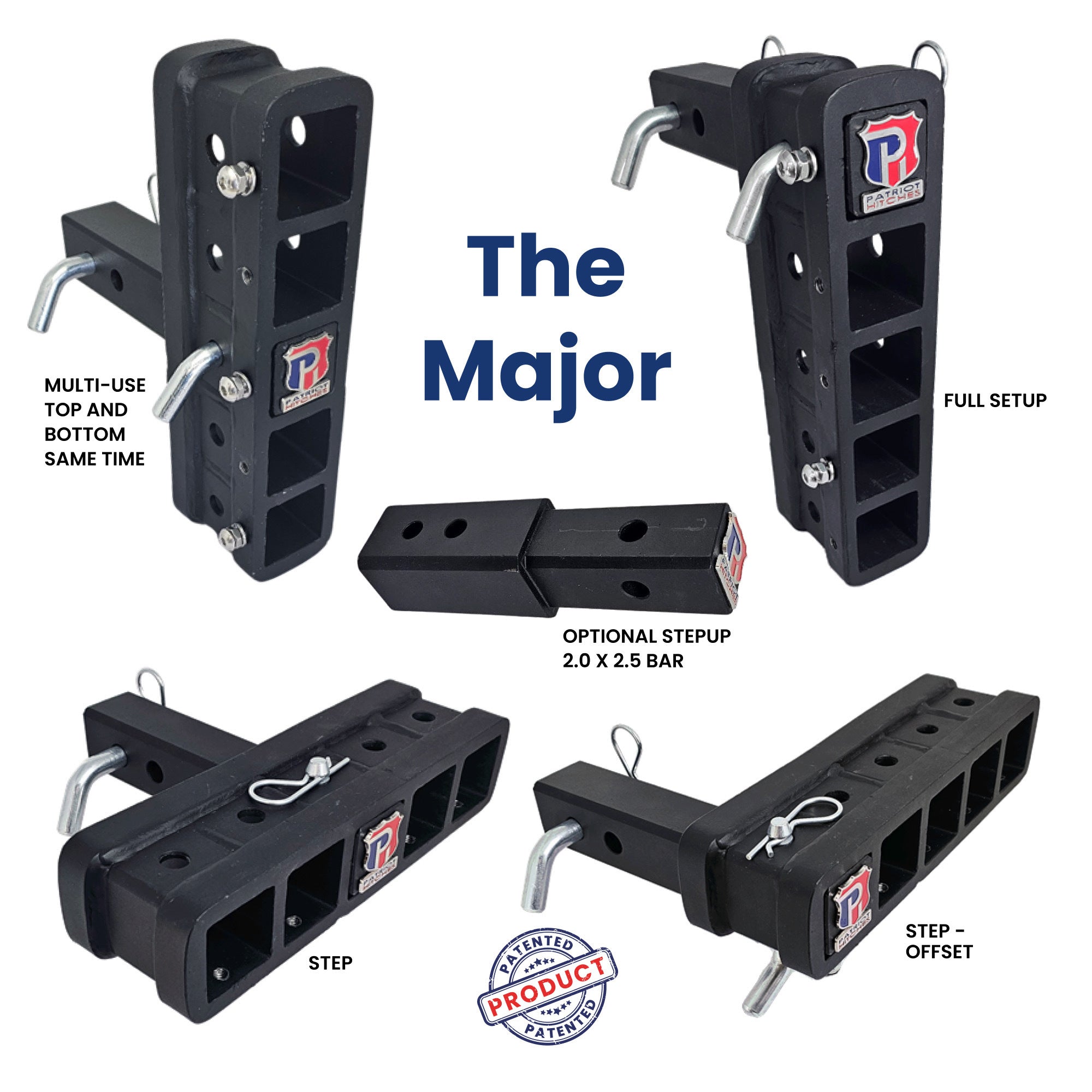 The Major - Patriot Hitches Adjustable Drop/Rise Hitch Stacked Receivers for 2" Hitches - 10" Drop/Rise – 30k - Silver Accent