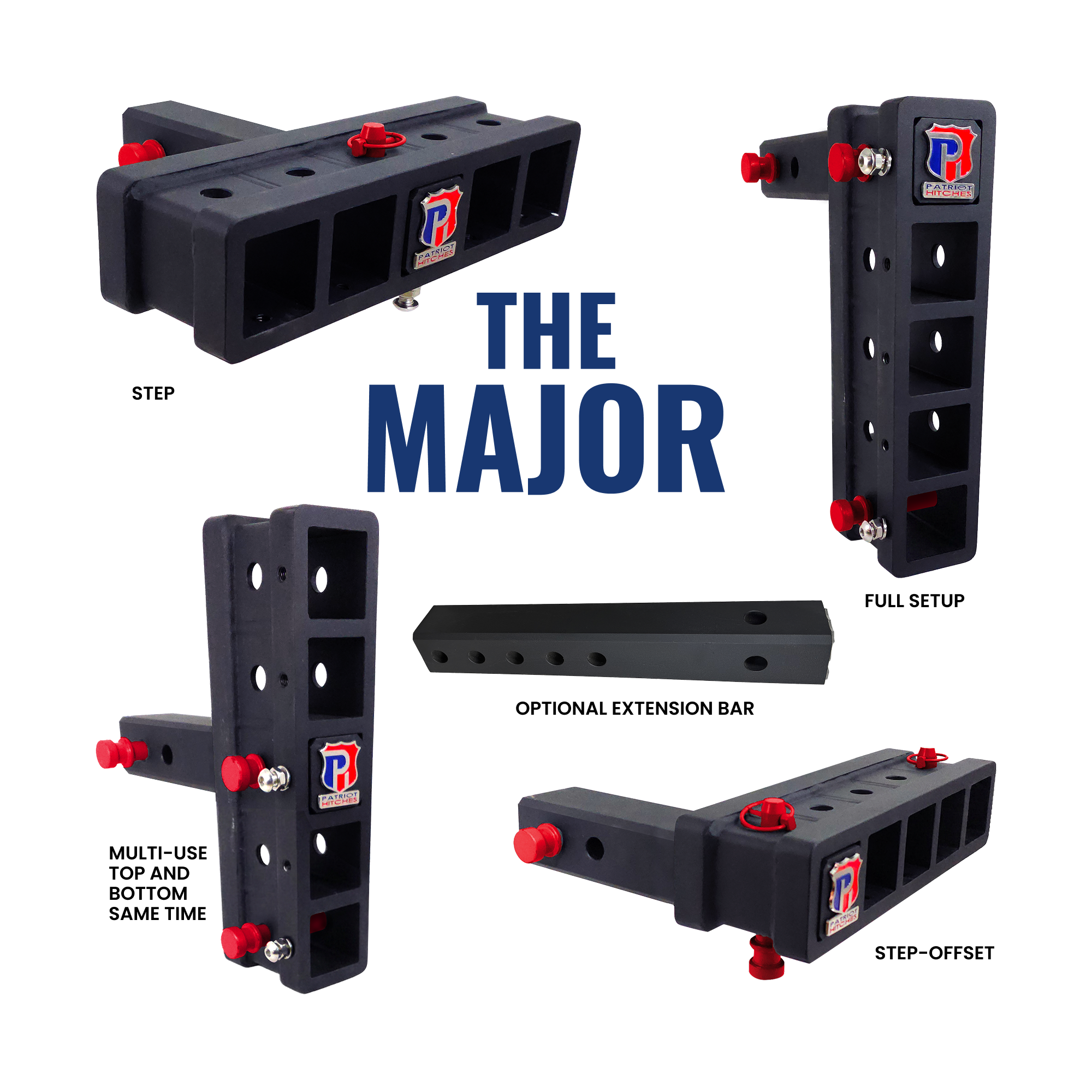 The Major - Patriot Hitches Adjustable Drop/Rise Hitch Stacked Receivers for 2" Hitches - 10" Drop/Rise – 30K - Red Accent
