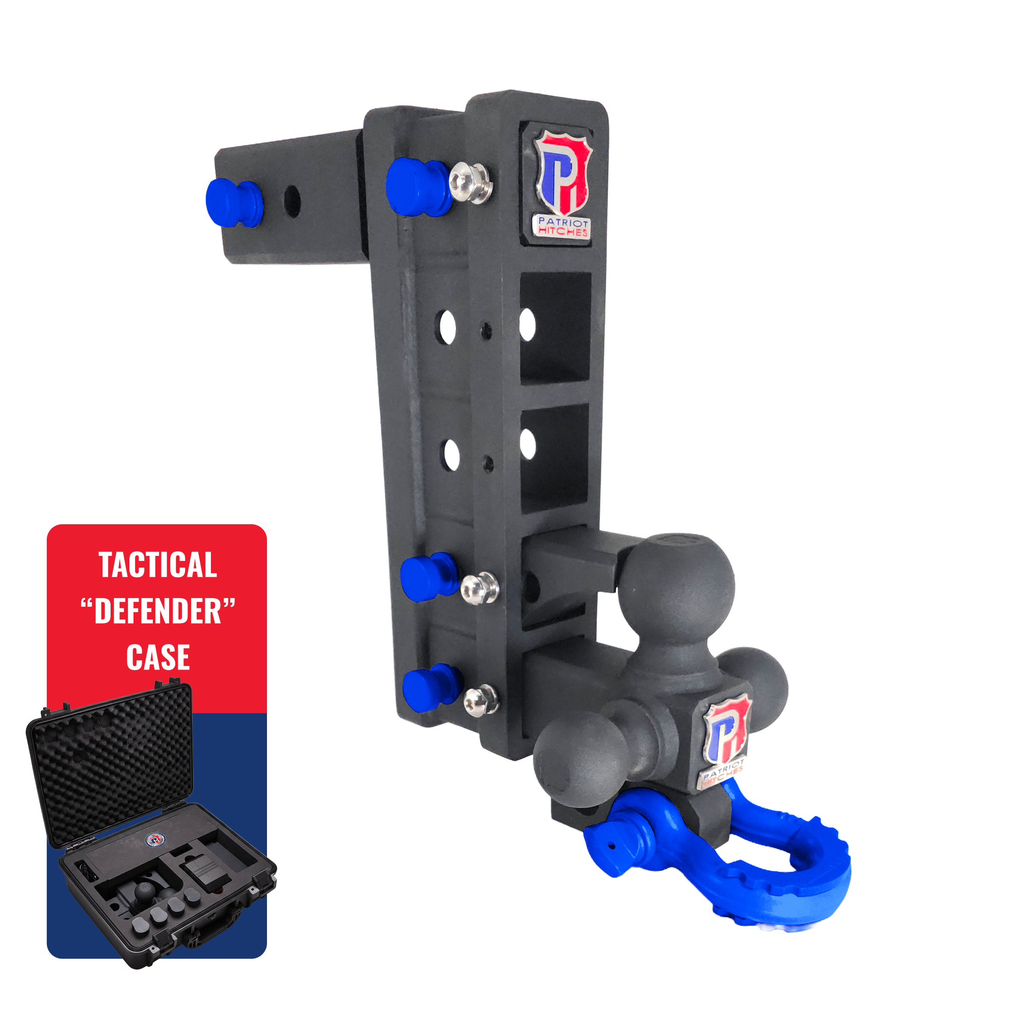 The Patriot - 10-Way+ 3-Ball Mount w/ Adjustable Stacked Receivers – 2-1/2" Hitch – 30K – Blue Accent