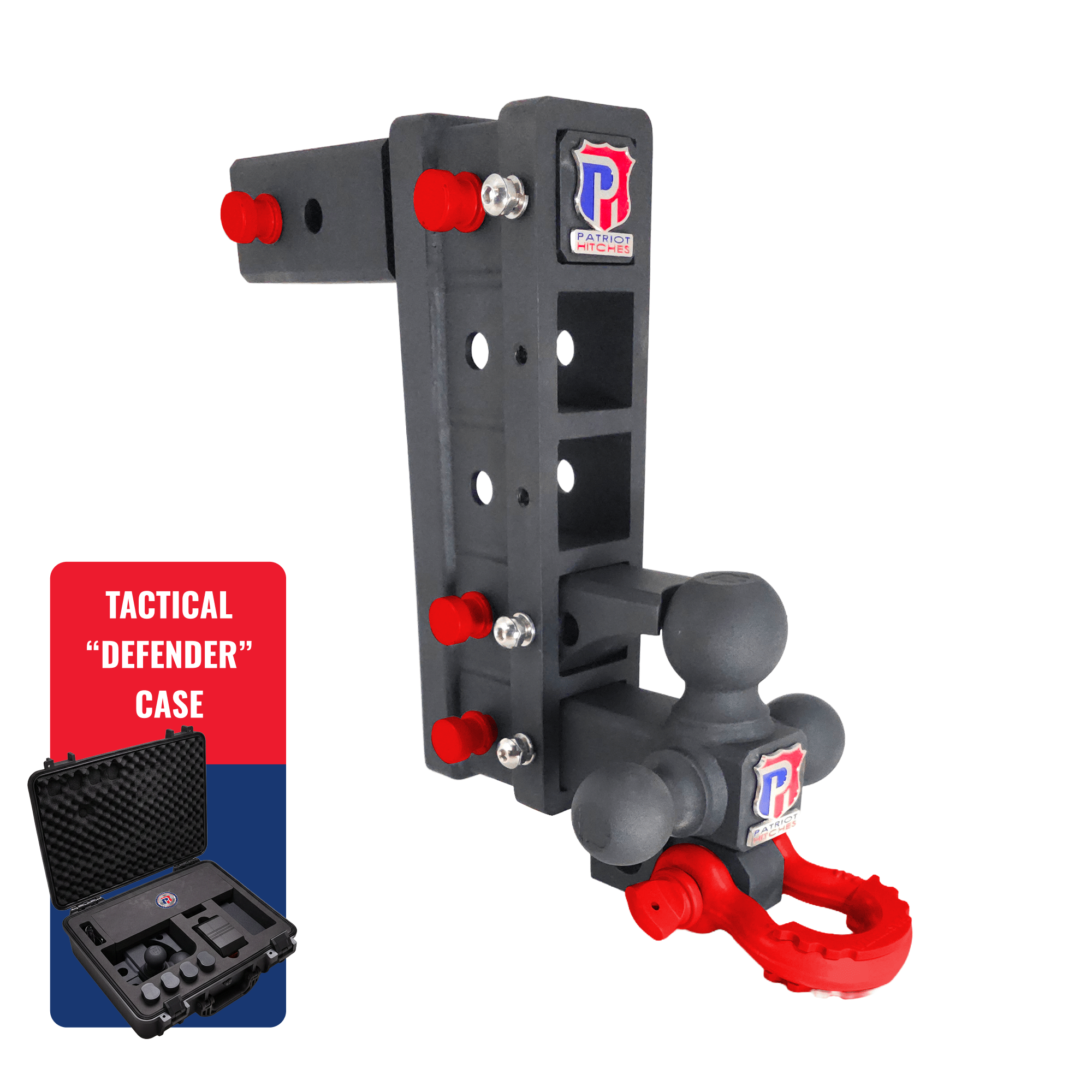 The Patriot - 10-Way+ 3-Ball Mount w/ Adjustable Stacked Receivers – 2-1/2" Hitch – 30K – Red Accent