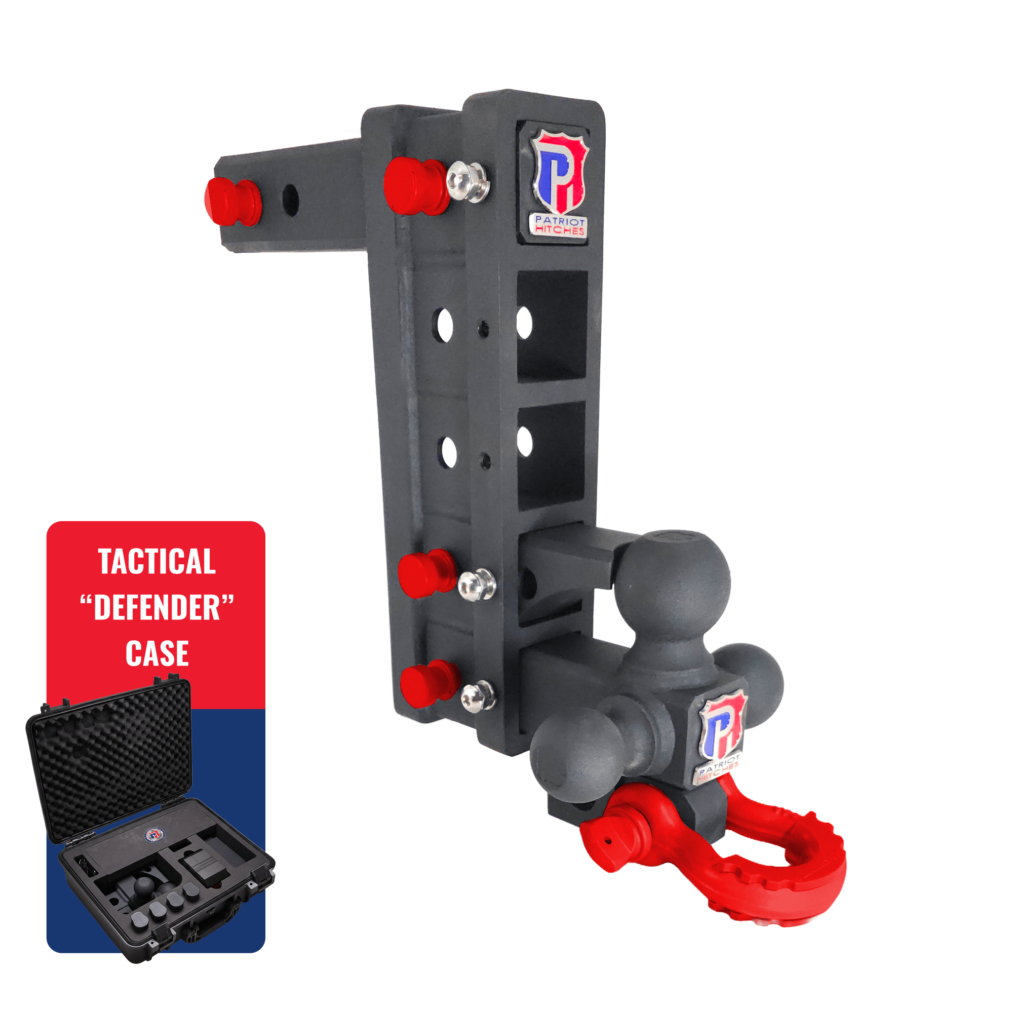 The Patriot - 10-Way+ 3-Ball Mount w/ Adjustable Stacked Receivers - 2" Hitch – 25K – Red Accent